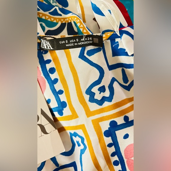 NEW Zara Satin Effect Abstract Print Wide Leg Jumpsuit Blue Yellow Red Small - Picture 6 of 10